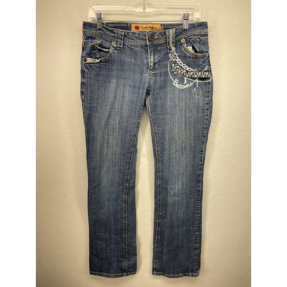 Apple Bottom Womens Jeans Blue 7/8 Junior Denim Rhinestone Logo Pants Straight